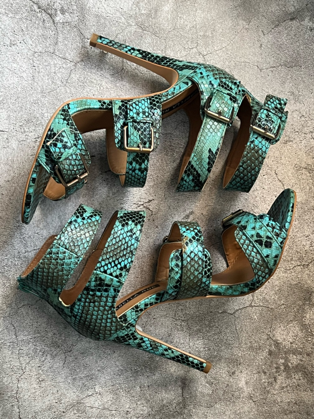 Izabella Rue Teal Snake-Print Buckle Stiletto Caged Heels Size 9